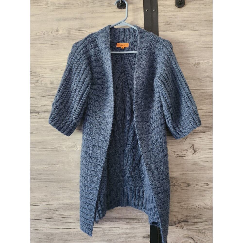ROBERTA FREYMANN BLUE ALPACA BLEND SHORT SLEEVE CARDIGAN PERU SIZE MEDIUM